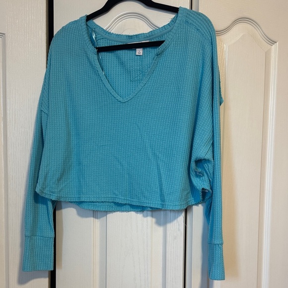 JoyLab Tops - JoyLab Turquoise V-Neck Waffle Knit Sweatshirt